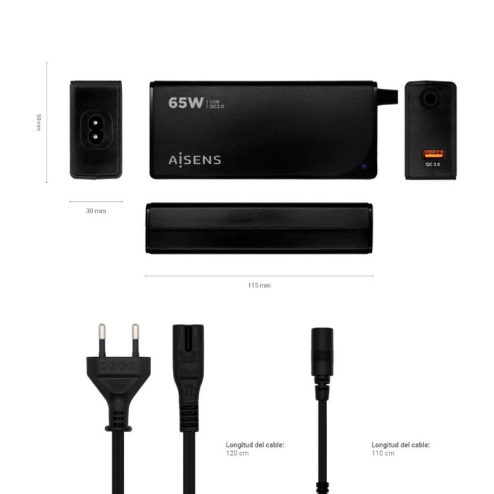 Aisens Cargador Universal Automático 65W con 9 Conectores y USB QC3.0 - Negro